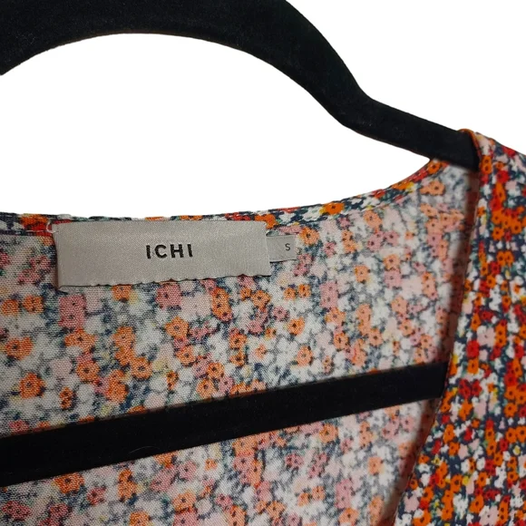 ICHI Orange Red White Colorful Floral Print Short Sleeve V Neck Top Small - Picture 4 of 8